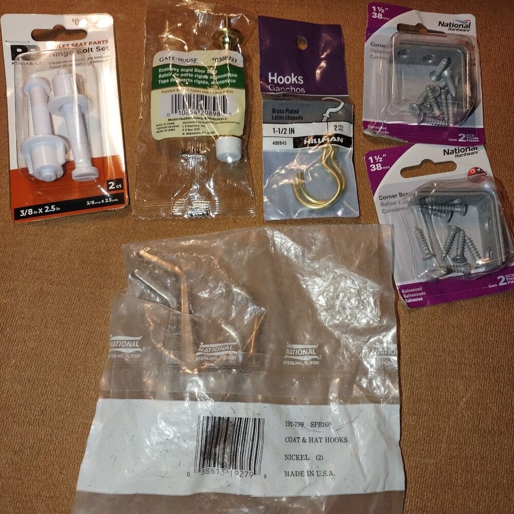 Assorted Hardware Set W/ National Coat & Hat Hooks Screws Brass Hook & Toilet Se